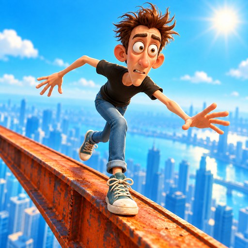 Icône du jeu Tilt Beam — un personnage en équilibre sur une poutre au-dessus de la ville